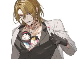 Rule 34 | 4boys, black choker, black gloves, black shirt, blonde hair, chest tattoo, choker, collarbone, collared shirt, gloves, hair between eyes, hand up, highres, ike eveland, jacket, jewelry, kaohom503, long sleeves, looking down, luca kaneshiro, luca kaneshiro (1st costume), luxiem, male focus, mini person, miniboy, multiple boys, neck tattoo, necklace, nijisanji, nijisanji en, open clothes, open jacket, open mouth, open shirt, parted bangs, pectorals, pinstripe jacket, pinstripe pattern, purple eyes, shirt, short hair, shu yamino, simple background, smile, tattoo, teeth, upper body, virtual youtuber, vox akuma, white background, white jacket