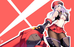 1girl absurdres alisa_ilinichina_amiella boots breasts cabbie_hat daive fingerless_gloves gloves god_eater hat highres huge_weapon large_breasts navel pantyhose plaid_clothes plaid_headwear skirt solo suspender_skirt suspenders suspenders_slip thigh_boots thighhighs underboob weapon