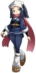 1girl akari_(pokemon) black_hair black_sash blue_eyes blue_kimono blue_pants closed_mouth full_body headscarf hisuian_poke_ball holding holding_poke_ball japanese_clothes karukan_(monjya) kimono long_sleeves looking_at_viewer loose_socks nintendo obi pants poke_ball pokemon pokemon_legends:_arceus red_scarf sash scarf sidelocks simple_background smile socks solo standing standing_on_one_leg white_background white_headscarf