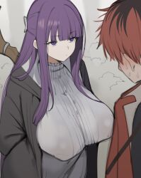 1boy 1girl black_robe blunt_bangs blush breasts closed_mouth coat commentary dress fern_(sousou_no_frieren) highres holding holding_staff huge_breasts looking_down mage_staff purple_eyes purple_hair purple_pupils red_coat red_hair robe sousou_no_frieren staff stark_(sousou_no_frieren) straight_hair sweat toma_(toma50) white_dress