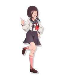 1girl ;d black_hair brown_hair full_body glasses green_eyes hair_ornament hand_on_own_hip highres index_finger_raised kneehighs loafers long_hair long_sleeves official_art one_eye_closed open_mouth pointing school_uniform shirt shoes skirt smile socks solo standing standing_on_one_leg transparent_background white_shirt world_dai_star yanagiba_panda yellow_eyes
