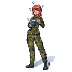 Rule 34 | 1girl, ?, absurdres, blue eyes, book, boots, camouflage, commission, full body, highres, holding, holding book, holding pliers, long hair, military uniform, open book, original, ostwindprojekt, pliers, swedish uniform, woodland camouflage
