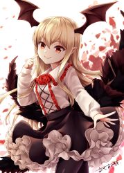 1girl absurdres black_pantyhose black_skirt blonde_hair center_frills collared_shirt commentary_request cowboy_shot fang female_focus finger_to_cheek flower frilled_shirt frilled_shirt_collar frilled_skirt frills granblue_fantasy hair_between_eyes hand_up head_wings highres long_hair long_sleeves looking_at_viewer omoomomo pantyhose petals pointy_ears red_eyes red_flower rose shirt sidelocks signature skirt smile solo standing vampy white_shirt wings