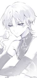 1boy 5656hayururi absurdres bird bird_on_hand blunt_ends bodysuit bridal_gauntlets closed_mouth eyelashes finch genshin_impact greyscale greyscale_with_colored_eyes half-closed_eyes highres looking_at_animal male_focus monochrome purple_eyes scaramouche_(genshin_impact) solo spot_color tsurime turtleneck turtleneck_bodysuit wanderer_(genshin_impact) wispy_bangs