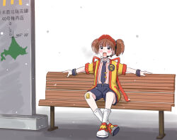 1girl bench black_eyes black_necktie black_shorts blush_stickers breath brown_hair collared_shirt commentary_request coordinates crossed_ankles happi headset highres imadake_dabuchi_tabemi japanese_clothes looking_at_viewer maruyo mcdonald&#039;s monument necktie on_bench open_mouth outstretched_arms park_bench pinstripe_pattern pinstripe_shirt real_world_location shirt shirt_tucked_in short_hair short_sleeves short_twintails shorts simple_background sitting snowing solo spread_arms tasuki translation_request twintails visor_cap wakkanai white_background wide_shot