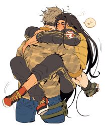 black_hair blonde_hair blue_pants blush camouflage camouflage_jacket closed_eyes colored_speech_bubble commentary_request cropped_legs denim drunk fingerless_gloves flying_sweatdrops gloves hair_down highres hug jacket jamie_siu jeans leg_lock long_hair luke_sullivan mma_gloves musical_note neck_blush nervous_sweating official_alternate_costume pants pouch shoelaces shoes simple_background speech_bubble spoken_musical_note street_fighter street_fighter_6 sweat syazai thigh_pouch very_long_hair white_background yellow_jacket