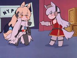 2girls absurdres animal_ear_fluff animal_ears arknights arya_melati blonde_hair blush closed_mouth commentary crossover deformed dress ear_covers english_commentary full_body gold_ship_(umamusume) highres horse_ears horse_girl horse_tail implied_extra_ears looking_at_another meme motor_vehicle multiple_girls nearl_(arknights) nearl_the_radiant_knight_(arknights) open_mouth orange_eyes pink_eyes pointing pointing_at_another pointing_spider-man_(meme) police_van purple_hair red_dress second-party_source shadow standing tail umamusume van