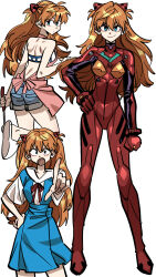 1girl :o apron bare_legs blue_eyes blue_shorts bodysuit breasts closed_mouth commentary_request curvy hair_between_eyes hand_on_own_hip highres holding index_finger_raised interface_headset_(evangelion) korean_commentary long_hair looking_at_viewer margare mecha_pilot_suit multiple_views neon_genesis_evangelion open_mouth orange_hair pink_apron plugsuit_(evangelion) pointing pointing_at_viewer red_bodysuit red_ribbon ribbon school_uniform shiny_clothes short_shorts shorts simple_background skirt slippers smirk souryuu_asuka_langley standing suspender_skirt suspenders tokyo-3_middle_school_uniform tsundere two_side_up white_background white_slippers wide_hips