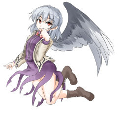 1girl angel_wings beige_jacket boots bow bowtie breasts clip_studio_paint_(medium) commentary_request covering_own_mouth dress feathered_wings hair_between_eyes kishin_sagume lace-up_boots long_sleeves looking_at_viewer purple_dress red_bow red_bowtie red_eyes short_hair simple_background single_wing small_breasts solo tarumaru thighs touhou white_background wings