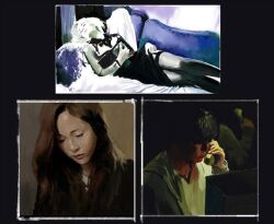 Rule 34 | 1boy, 2girls, black background, black dress, black thighhighs, brown hair, closed eyes, couch, dress, holding, holding phone, long hair, lying, multiple girls, on couch, original, painting (medium), phone, slow d, thighhighs, traditional media