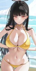 1girl absurdres alternate_costume arms_behind_back beach bikini black_hair blue_archive blue_sky blush breasts bright_pupils choker gold_bikini gold_choker halo halterneck highres katagiri_nanoka large_breasts long_hair looking_at_viewer navel ocean outdoors red_eyes rio_(blue_archive) simple_background sky solo stomach straight_hair string_bikini swimsuit thigh_gap underboob very_long_hair white_pupils