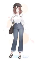 1girl arm_behind_back azur_lane bag breasts brown_bag brown_hair brown_hat brown_shoes casual chestnut_mouth collarbone commentary_request denim feet handbag hat high-waist_pants highres horns jeans large_breasts livetarica long_sleeves medium_hair mogami_(azur_lane) open_mouth pants pointy_ears red_eyes sandals shirt shoes signature simple_background single_horn solo toes white_background white_shirt