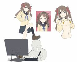 1girl 1other bald black_sailor_collar black_skirt black_socks blue_ribbon breasts brown_footwear brown_hair cardigan cardigan_lift censored chinese_commentary closed_mouth commentary_request crying drawing_(action) drawing_tablet emoji emoji_censor flat_color foot_on_head frown grey_eyes hair_ribbon hands_on_own_hips holding holding_stylus indie_virtual_youtuber leg_up lifting_own_clothes live2d_inc. long_hair long_sleeves mesugaki miniskirt momose_hiyori monitor multiple_views navel neck_ribbon neuro-sama no_bra other_with_female pleated_skirt red_ribbon ribbon sailor_collar school_uniform screenshot_inset serafuku shoes simple_background skirt small_breasts smile socks split_mouth stepped_on streaming_tears stylus sunflower_hua1 sunglasses_emoji tears two_side_up virtual_youtuber white_background winter_uniform yellow_cardigan