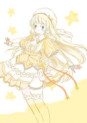Rule 34 | 1girl, artist name, assault lily, beret, black gloves, blonde hair, blue eyes, blush, bow, breasts, center frills, cleavage, closed mouth, commentary, dress, feet out of frame, frilled dress, frilled sleeves, frilled thighhighs, frills, fumi (fumifumi3axl), gloves, hands up, hat, hat bow, highres, limited palette, long hair, looking at viewer, medium breasts, official alternate costume, orange bow, outstretched arms, puffy short sleeves, puffy sleeves, short sleeves, smile, solo, standing, star (symbol), striped bow, striped clothes, striped dress, tachihara sayu, thigh strap, thighhighs, two-tone background, two-tone dress, vertical-striped clothes, vertical-striped dress, very long hair, white background, white dress, white hat, white thighhighs, wrist cuffs, yellow background, yellow dress