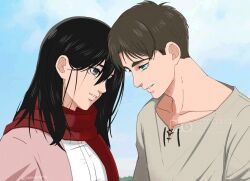 1boy 1girl black_hair blue_eyes blue_sky brown_hair cardigan cloud cloudy_sky collarbone commentary_request eren_yeager facial_scar forehead-to-forehead grey_eyes grey_shirt hair_behind_ear hair_between_eyes heads_together long_hair looking_at_another mikasa_ackerman open_cardigan open_clothes outdoors parted_lips peanuts261912 pink_cardigan red_scarf scar scar_on_cheek scar_on_face scarf shingeki_no_kyojin shirt sky three_quarter_view upper_body white_shirt