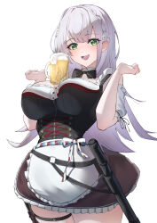 Rule 34 | 1girl, absurdres, apron, beer mug, black bow, black bowtie, bow, bowtie, breasts, commentary request, cowboy shot, cup, flower, green eyes, hair flower, hair ornament, highres, hololive, katagiri nanoka, large breasts, long hair, looking at viewer, mug, object on breast, official alternate costume, open mouth, puffy short sleeves, puffy sleeves, shirogane noel, shirogane noel (dirndl), short sleeves, simple background, solo, virtual youtuber, waist apron, white apron, white background, white flower, white hair