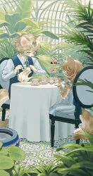 1boy 1girl animal_ears brown_hair cat_ears cat_girl cat_tail chair child closed_eyes collared_shirt cup dress film_grain food formal_clothes furry furry_female furry_male greenhouse grey_hair highres long_sleeves macaron mayumochini necktie original plant shirt sleeveless sleeveless_dress table tablecloth tail teacup teapot vest white_shirt