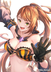 1girl absurdres asymmetrical_bangs bare_shoulders beatrix_(granblue_fantasy) beatrix_(halloween)_(granblue_fantasy) black_gloves bra breasts brown_hair cleavage detached_collar detached_sleeves gloves granblue_fantasy halloween halloween_costume happy_halloween hat highres long_hair looking_at_viewer medium_breasts official_alternate_costume open_mouth orange_bra ponytail ra_torens shorts smile solo striped_bra striped_clothes striped_shorts two-tone_bra underwear vertical-striped_bra vertical-striped_clothes vertical-striped_shorts witch_hat