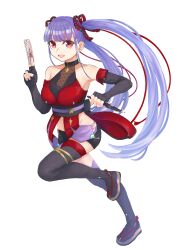 absurdres back_bow black_shorts black_thighhighs blue_hair bow breasts collarbone dagger elbow_gloves gloves heaven_burns_red highres holding holding_dagger holding_knife holding_weapon knife large_breasts long_hair masumidashirasu ninja red_eyes running satsuki_mari see-through_clothes shorts thighhighs twintails weapon