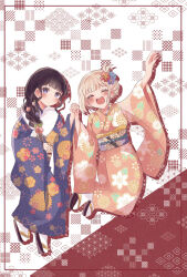 2girls alternate_hairstyle arm_up arupaka5tuki asa_no_ha_(pattern) black_hair blonde_hair blue_kimono blush braid closed_eyes closed_mouth commentary_request floral_print floral_print_kimono hair_up highres holding_hands inoue_takina interlocked_fingers japanese_clothes kimono lycoris_recoil multiple_girls nishikigi_chisato open_mouth pink_kimono print_kimono purple_eyes sandals seigaiha shadow short_hair single_braid socks tabi white_socks yuri zouri