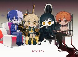 Rule 34 | 2boys, 2girls, :d, aoyagi touya, azusawa kohane, black footwear, black hair, blonde hair, blue footwear, blue hair, blue jacket, blue pants, boots, box, brown eyes, chair, chibi, chibi only, colored skin, crowbar, drink, expressionless, goguma wagamja, gradient background, grey eyes, grin, hair ornament, hairpin, high heels, holding, holding crowbar, holding drink, jacket, long hair, mole, mole under eye, multicolored hair, multiple boys, multiple girls, necktie, on box, open mouth, orange eyes, pants, project sekai, shinonome akito, shiraishi an, shirt, shoes, sitting, sitting on box, smile, split-color hair, striped necktie, teeth, traffic light, two-tone hair, very long hair, white skin, yellow eyes