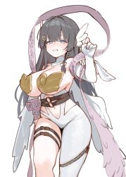 1girl absurdres asymmetrical_clothes belt black_hair blue_eyes breasts cleavage clenched_teeth elbow_gloves feathered_wings gloves hand_up highres large_breasts long_hair looking_at_viewer navel pants pasties sangobob sash shirayuki_hina simple_background single_pantsleg solo standing stellive teeth thigh_belt thigh_strap virtual_youtuber white_background white_gloves white_pants wings
