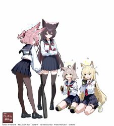 4girls absurdres ahoge animal_ear_fluff animal_ears baseball_bat black_gloves black_hair black_pantyhose black_shoes black_socks black_thighhighs blonde_hair blue_archive blue_eyes blue_sailor_collar blue_skirt blush boots brown_hair closed_mouth crossed_arms fox_ears fox_girl fox_platoon_(blue_archive) gloves green_boots green_eyes green_gloves hair_between_eyes hair_ribbon halo highres holding holding_baseball_bat knee_pads kneeling kurumi_(blue_archive) long_hair looking_at_another medium_hair melissa_v2 multiple_girls necktie niko_(blue_archive) open_mouth otogi_(blue_archive) own_hands_together pantyhose pink_hair ponytail red_eyes red_gloves red_necktie red_ribbon ribbon sailor_collar school_uniform shirt shoes sidelocks skirt socks thighhighs white_shirt white_shoes yukino_(blue_archive)