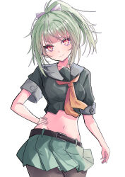 1girl absurdres belt crop_top green_hair hair_ribbon hand_on_own_hip highres hizaka kantai_collection long_hair looking_at_viewer navel neckerchief pantyhose ponytail red_eyes ribbon skirt smirk solo yuubari_(kancolle)