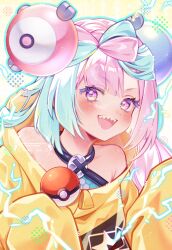Rule 34 | 1girl, ;d, absurdres, blush, bow-shaped hair, character hair ornament, commentary request, hair ornament, happy, highres, iono (pokemon), jacket, long hair, looking at viewer, multicolored hair, nintendo, one eye closed, open mouth, pink hair, poke ball, poke ball (basic), pokemon, pokemon sv, shikamori kodama, shirt, sleeveless, sleeveless shirt, smile, solo, teeth, two-tone hair, upper body, upper teeth only, yellow jacket