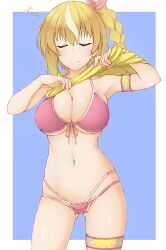 1girl bare_shoulders bikini blonde_hair blue_background braid breasts cleavage closed_eyes closed_mouth collarbone commentary_request eighth_note facing_viewer front-tie_bikini_top front-tie_top gluteal_fold hair_between_eyes hair_ribbon hinata_masaki jidouhanbaiki_ni_umarekawatta_ore_wa_meikyuu_wo_samayou lammis_(jihanki) large_breasts leg_band micro_bikini multi-strapped_bikini_bottom multicolored_hair musical_note navel pink_bikini pink_ribbon ribbon side_ponytail single_braid solo streaked_hair swimsuit thigh_strap two-tone_background undressing white_background white_hair