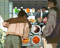 2boys back black_eyes brown_hair brown_jacket english_text food golden_kamuy green_pants hands_in_pockets ice_cream jacket male_focus mirror multiple_boys ogata_hyakunosuke pants pasta pudding reflection short_hair standing sugimoto_saichi tmk_osushi watermark white_pants
