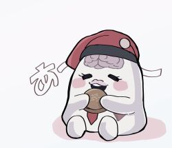 1boy blush_stickers brain burger eating food full_body getsumen_(pst_moon) hat holding holding_burger holding_food imminent_bite necktie nigou_(hundred_line) red_hat red_necktie simple_background solo teeth the_hundred_line_-last_defense_academy- upper_teeth_only white_background