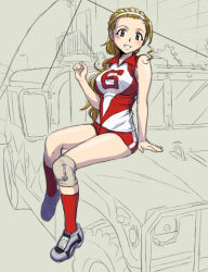 1girl bare_shoulders blonde_hair blush breasts buruma car girls_und_panzer green_eyes large_breasts long_hair looking_at_viewer monochrome_background motor_vehicle on_car oosaka_kanagawa partially_colored ponytail red_buruma sasaki_akebi sitting_on_car smile solo sportswear volleyball_uniform
