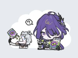 1boy 1girl :o ? acheron_(honkai:_star_rail) black_gloves blue_eyes chibi food gloves grey_hair hair_ornament highres holding holding_food honkai:_star_rail honkai_(series) parted_lips phainon_(honkai:_star_rail) platinum_(o0baijin0o) pouring purple_eyes purple_hair spoken_question_mark trick_snack_(honkai:_star_rail) upper_body