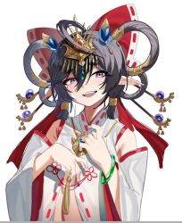 1girl ahoge alternate_breast_size bandage_on_cheek black_hair detached_sleeves flat_chest hair_ornament hair_rings hair_stick haitai_(haitai_umita) haitai_umita indie_virtual_youtuber looking_at_viewer nontraditional_miko open_mouth pointy_ears purple_eyes red_ribbon red_skirt ribbon skirt smile solo virtual_youtuber