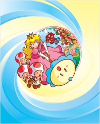 1girl 6+boys absurdres blonde_hair blue_eyes blue_vest bowser closed_eyes crown dress earrings elbow_gloves facial_hair gloves goomba green_headwear hat highres holding holding_wand jewelry long_hair luigi mad_goomba mario mario_(series) multiple_boys mustache nintendo official_art open_clothes open_mouth open_vest parasol perry_(mario) pink_dress princess_peach princess_peach&#039;s_castle puffy_short_sleeves puffy_sleeves red_headwear red_toad_(mario) sad_goomba short_sleeves sphere_earrings super_princess_peach toad_(mario) umbrella vest vibe_scepter wand white_gloves