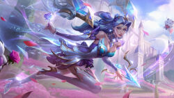 1girl absurdres armpits artist_request blue_hair breasts cleavage crystal crystal_rose crystal_rose_kai&#039;sa detached_sleeves dress flower highres kai&#039;sa league_of_legends league_of_legends:_wild_rift long_hair poro_(league_of_legends) rose skirt solo wings