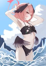1girl absurdres alternate_hairstyle armpits arms_behind_head bare_arms bare_shoulders bikini black_bikini black_wings blue_archive emoticon1003 feathered_wings floral_print_bikini head_wings highres koharu_(blue_archive) loli long_hair looking_ahead navel ocean official_alternate_costume pink_eyes pink_hair solo stomach swimsuit wings