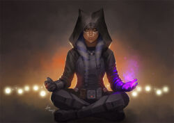1girl alien armor artist_name black_gloves black_shirt breastplate colored_skin commentary commission english_commentary gloves hifarry hood lekku_(anatomy) looking_at_viewer magic meditation orange_eyes orange_skin shirt solo star_wars togruta