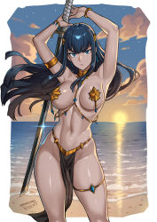 1girl armlet bakuzan beach black_hair blue_eyes breasts closed_mouth highres horizon jewelry kill_la_kill kiryuuin_satsuki large_breasts long_hair looking_at_viewer navel ocean outdoors patreon_username pelvic_curtain redjet revealing_clothes sand solo sun sunset sword watermark weapon web_address