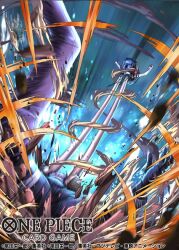 2boys attack blue_shorts clenched_hands commentary_request copyright_name crost don_krieg gloves male_focus monkey_d._luffy motion_lines multiple_boys net official_art one_piece one_piece_card_game pants pebble purple_pants red_shirt shirt shorts sleeveless sleeveless_shirt smoke