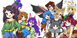 6+girls animal_ears black_hair blonde_hair blue_hair blue_skirt blush_stickers brown_hair brown_skirt fedora flower fox fox_ears futatsuiwa_mamizou half-closed_eyes hat highres kine kudamaki_tsukasa kurokoma_saki leaf light_brown_hair light_frown long_hair looking_at_viewer mallet mob_cap mouse_ears multiple_girls nazrin nippaku_zanmu non-web_source nonamejd purple_flower red_eyes round_eyewear seiran_(touhou) short_hair short_sleeves skirt smile son_biten tail tenkajin_chiyari touhou unfinished_dream_of_all_living_ghost wings yakumo_ran yellow_eyes yomotsu_hisami zun_(style)