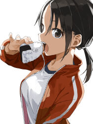 1girl absurdres black_eyes black_hair breasts commentary_request eating food gym_uniform highres holding holding_food jacket looking_at_viewer manemane_nichinichi medium_breasts nagisa_akane onigiri open_mouth ponytail red_jacket shirt simple_background solo teeth track_jacket upper_body upper_teeth_only white_background white_shirt yamamoto_souichirou
