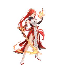 1girl breasts cleavage closed_mouth dress fire flaming_sword flaming_weapon full_body green_eyes hair_ornament high_heels highres holding holding_sword holding_weapon hoyeon long_hair official_art red_hair second-party_source sehwa_(hoyeon) solo sword weapon white_background