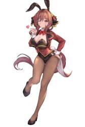 1girl alternate_costume animal_ear_hairband animal_ears blowing_kiss blush breasts brown_hair extra_tails fake_animal_ears fishnet_pantyhose fishnets full_body gentildonna_(umamusume) hairband high_heels highres horse_girl horse_tail large_breasts leotard long_hair looking_at_viewer one_eye_closed pantyhose peperoncino-sama playboy_bunny rabbit_ear_hairband rabbit_ears red_eyes red_nails ribbon solo tail umamusume