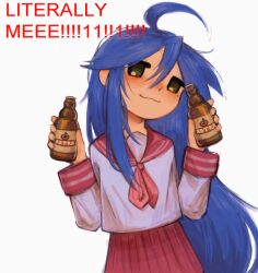 ahoge alcohol beer beer_bottle blue_hair canniballs english_text green_eyes highres izumi_konata long_hair lucky_star mole mole_under_eye red_skirt sailor_collar school_uniform shirt skirt smirk white_background white_shirt