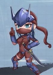 1girl animated animated_gif armor bodysuit bouncing_breasts breasts brown_bodysuit brown_leotard chibi covered_navel female_mercenary_(taimanin_series) fighting full_body green_eyes highleg highleg_leotard holding holding_sword holding_weapon leotard lilith-soft long_hair looking_ahead mask medium_breasts mouth_mask purple_hair revealing_clothes shiny_skin simple_background skin_tight standing sword taimanin_(series) taimanin_rpgx taimanin_suit weapon wide_hips