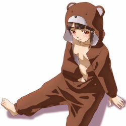 1girl animal_costume barefoot bear bear_costume blush breasts brown_eyes brown_hair closed_mouth cosplay costume feet female_focus female_masturbation fingering hair_ornament hairclip haruyama_kazunori hood iwakura_lain kigurumi loli lowres masturbation naked_costume navel no_bra no_panties open_clothes open_shirt pajamas pussy serial_experiments_lain shirt short_hair small_breasts solo