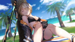 1girl beach bikini black_bikini breasts cleavage closed_eyes cloud game_cg grass hair_over_one_eye heaven_burns_red kayamori_ruka off_shoulder official_art palm_tree sitting smile solo swimsuit sword tree weapon