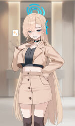 1girl absurdres asuna_(blue_archive) black_shirt blonde_hair blue_archive blue_eyes blue_halo blush breasts brown_coat brown_skirt brown_socks choker coat collarbone grin hair_over_one_eye halo highres large_breasts long_hair looking_at_viewer magya416 midriff navel shirt skirt smile socks solo very_long_hair